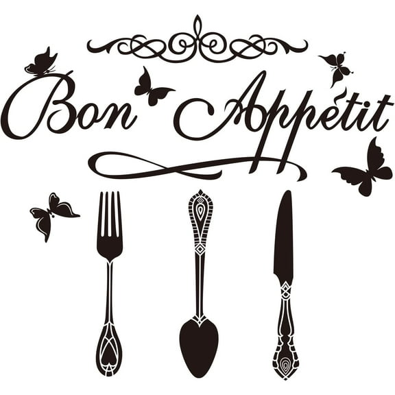 Kitchen Wall Decals Bon Appetit French Vinyl Wall Stickers Tableware Wallpaper Art Butterfly Sticker Decals Dining Stickers Decal for Dining Room Kitchen Decoration Colorful DIY