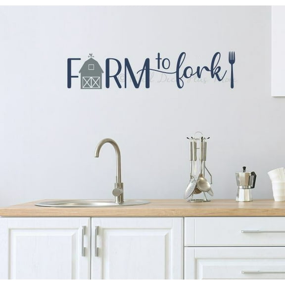 Kitchen Wall Decals Farm To Fork Words - Family Kitchen Wall Art Decor - Home Decor Decal Sticker Saying - Farmhouse Dining Room Quotes 23x5-Inch Deep Blue/Storm Gray
