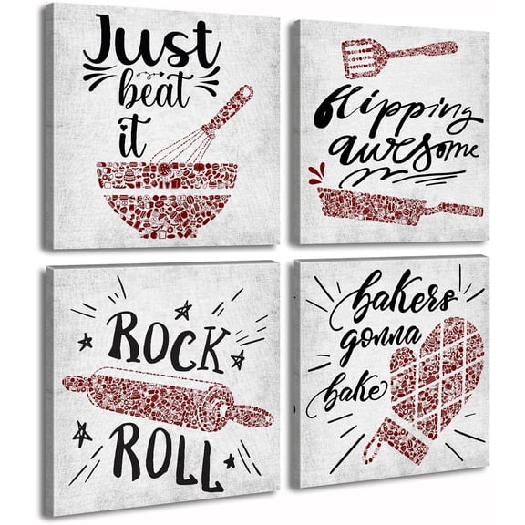 Kitchen Wall Decor - 4 Pieces Red Kitchen Wall Art Funny Kitchen Rules Songs Vintage Canvas Print Artwork Set for Dining Room, Coffee Bar, Bakery Decor Stretched and Framed Ready to Hang 12"X12"X4