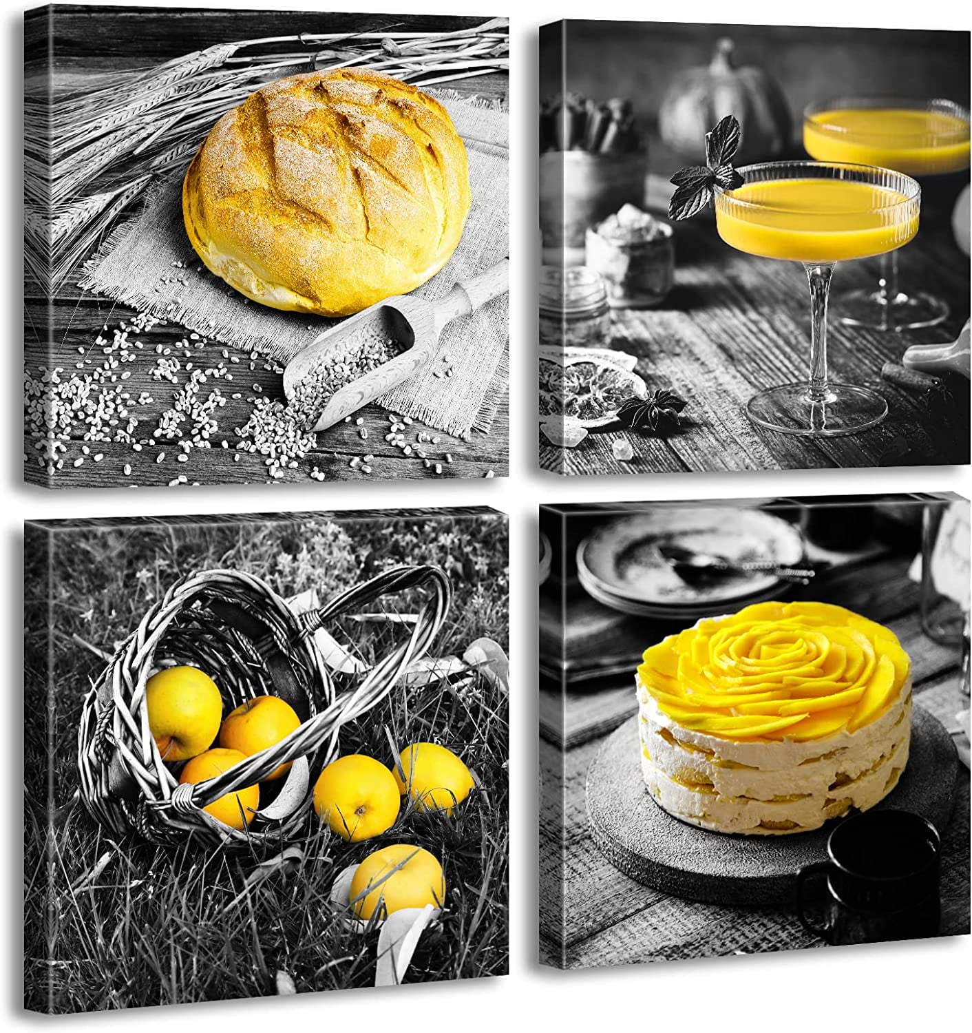 Kitchen Wall Decor Black and White Yellow Wall Art Bread Cake Fruit