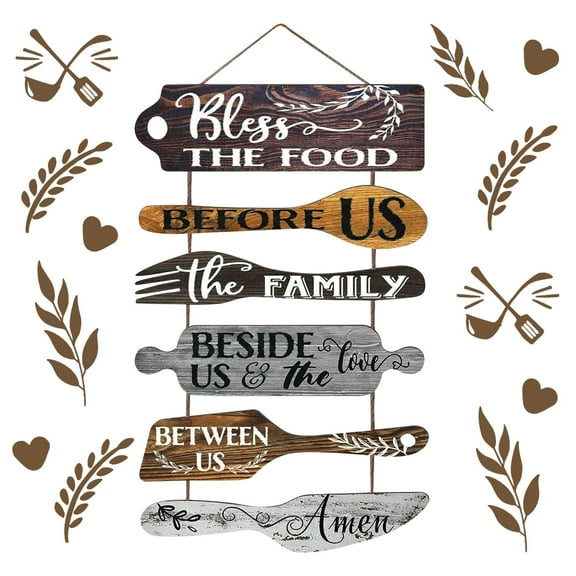 Kitchen Wall Decor Bless the Food Before Us Farmhouse Dining Room Decoration Collage Wall Art in Grey Color Wooden Rustic Sign 25"x14" 6 pcs Vertical