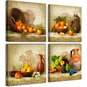 Kitchen Wall Decor Canvas Art for Dining Room Vintage Theme Fruit Pictures Farmhouse Rustic Signs Paintings Bar Accessories Realism Colorful Framed Decorations 4 Pcs/Set
