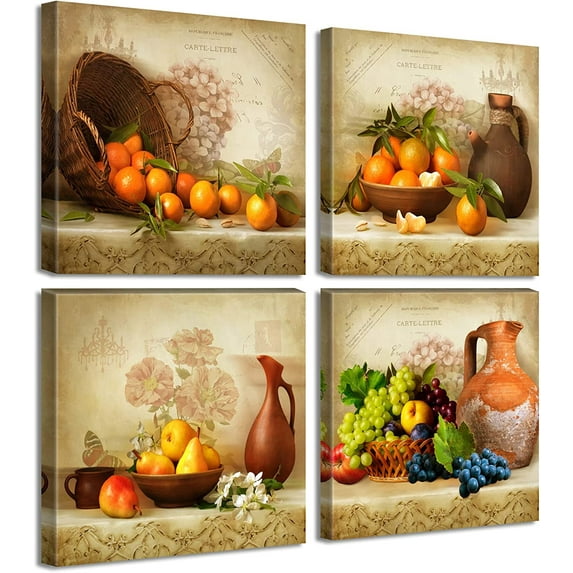 Kitchen Wall Decor Canvas Art for Dining Room Vintage Theme Fruit Pictures Farmhouse Rustic Signs Paintings Bar Accessories Realism Colorful Framed Decorations 4 Pcs/Set