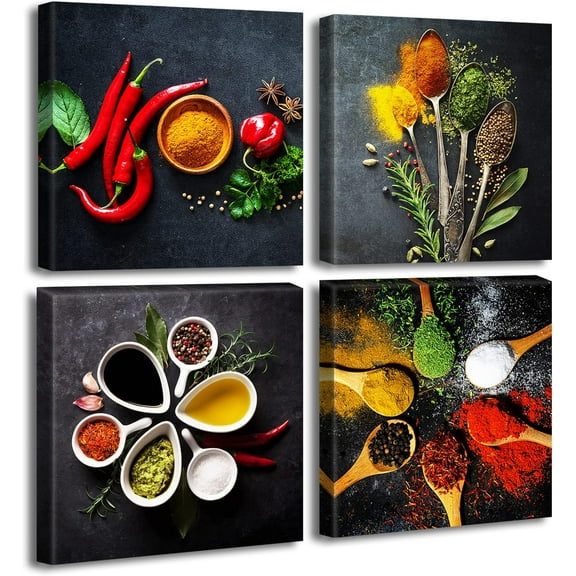 Kitchen Wall Decor Colorful Spices Seasoning Spoon Canvas Wall Art Vintage Painting Picture for Modern Home Dining Room Contemporary Artwork Decoration Stretched and Framed Ready to Hang 12"X12"X4