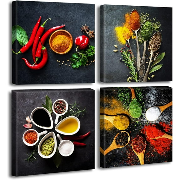 Kitchen Wall Decor Colorful Spices Seasoning Spoon Canvas Wall Art Vintage Painting Picture for Modern Home Dining Room Contemporary Artwork Decoration Stretched and Framed Ready to Hang 12"X12"X4