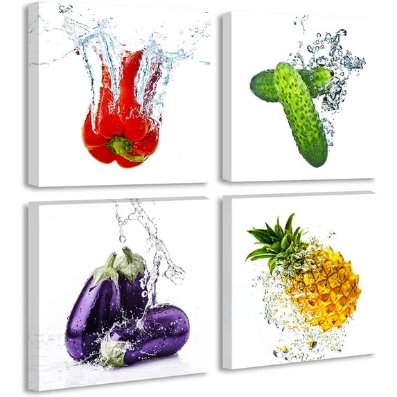 Kitchen Wall Decor - Fresh Vegetables Canvas Wall Art Colorful Various Fruits Cucumber Eggplant Pineapple Pimento Food Picture Artwork Modern Livingroom ons 12"X12"X4 Panels stretched and Framed