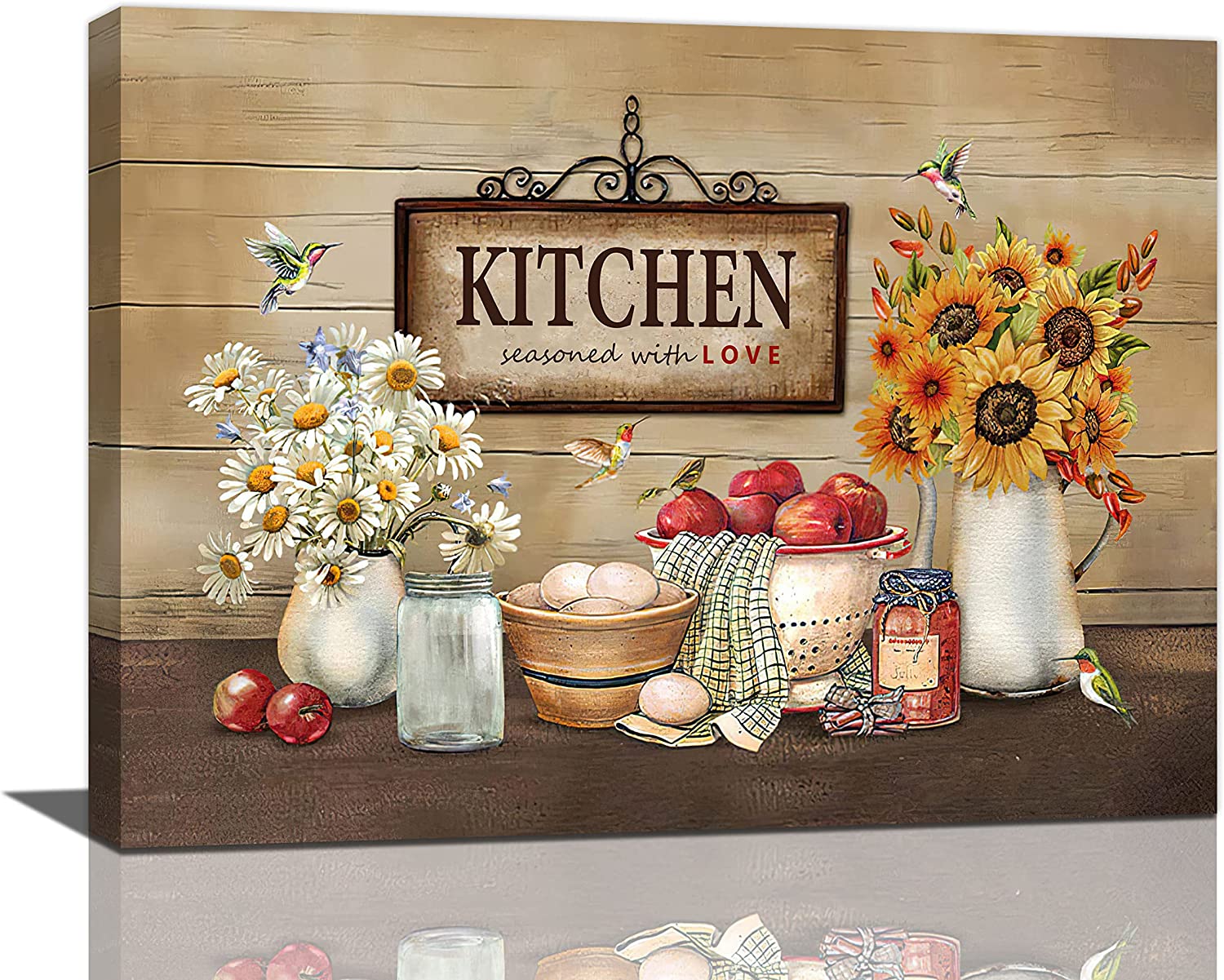 Kitchen Wall Decor Rustic Farmhouse Kitchen Wall Art Country Daisy Sunflower Food Pictures For Wall Canvas Print Artwork For Kitchen Dining Room Framed 16"x12"