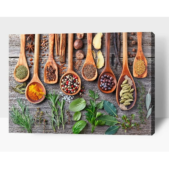 Kitchen Wall Decor Spoons and Spices Canvas Art, Colorful Ingredient Canvas Print for Dining Room Decor, Vintage Condiment Picture Farmhouse Kitchen Framed Painting for Restaurant Decor (12x18 Inches)