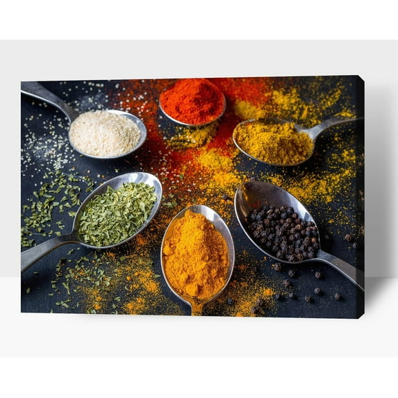 Kitchen Wall Decor Spoons and Spices Canvas Art, Colorful Ingredient Canvas Print for Dining Room Decor, Vintage Condiment Picture Farmhouse Kitchen Framed Painting for Restaurant Decor 12x18