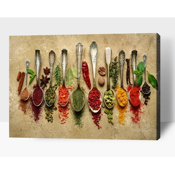Kitchen Wall Decor Spoons and Spices Canvas Art, Colorful Ingredient Canvas Print for Dining Room Decor, Vintage Condiment Picture Farmhouse Kitchen Framed Painting for Restaurant Decor 12x18