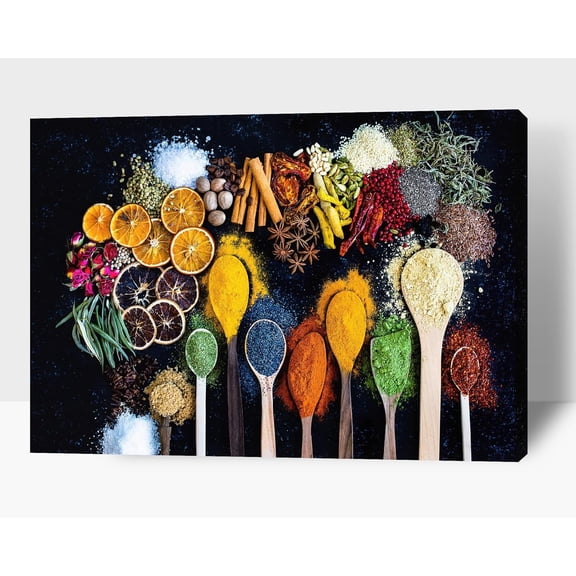Kitchen Wall Decor Spoons and Spices Canvas Art, Colorful Ingredient Canvas Print for Dining Room Decor, Vintage Condiment Picture Farmhouse Kitchen Framed Painting for Restaurant Decor 12x18