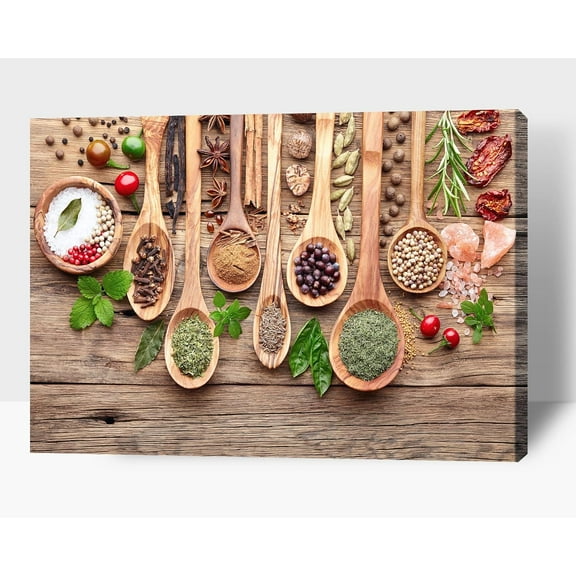 Kitchen Wall Decor Spoons and Spices Canvas Art, Colorful Ingredient Canvas Print for Dining Room Decor, Vintage Condiment Picture Farmhouse Kitchen Framed Painting for Restaurant Decor 12x18