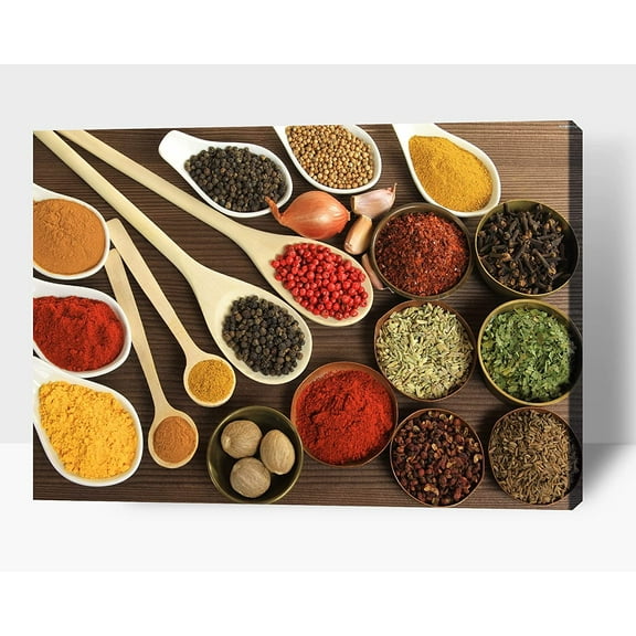 Kitchen Wall Decor Spoons and Spices Canvas Art, Colorful Ingredient Canvas Print for Dining Room Decor, Vintage Condiment Picture Farmhouse Kitchen Framed Painting for Restaurant Decor (12x18 Inches)