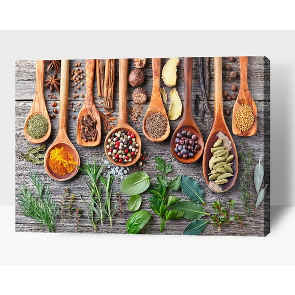 Kitchen Wall Decor Spoons and Spices Canvas Art, Colorful Ingredient Canvas Print for Dining Room Decor, Vintage Condiment Picture Farmhouse Kitchen Framed Painting for Restaurant Decor 12x18
