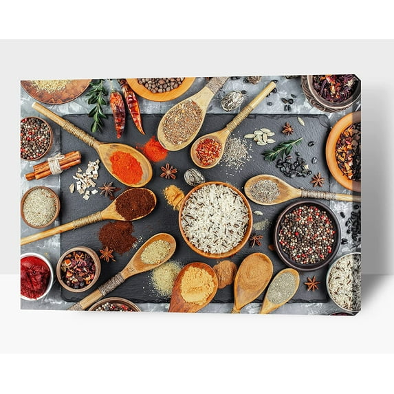 Kitchen Wall Decor Spoons and Spices Canvas Art, Colorful Ingredient Canvas Print for Dining Room Decor, Vintage Condiment Picture Farmhouse Kitchen Framed Painting for Restaurant Decor (12x18 Inches)