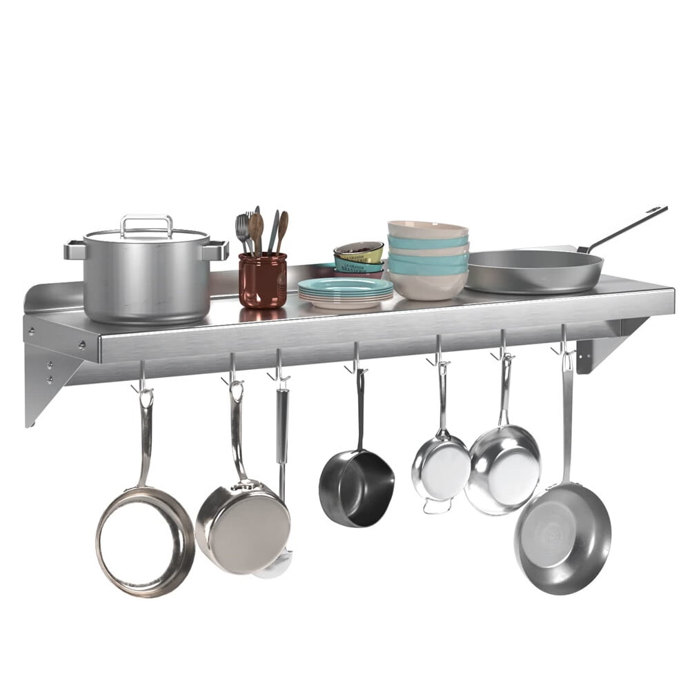Stainless Steel Wall Mount Kitchen Shelf with Hooks, 12" x 60"