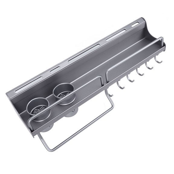 Kitchen Wall Mount Utensil Rack Aluminum Alloy Spice Storage Shelf Wall Hanging Organizer with Dual Chopsticks Baskets Space Saving Multi-Functional Rack For Cookware Holders In Sleek Grey Finish