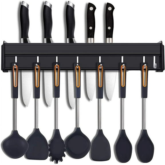 Kitchen Wall Mount Utensil Rack, Multifunctional For Kitchen, Thick Aluminum Magnetic Knife Holder And Utensil Organizer With 8 Adjustable Hooks For Space-saving Storage