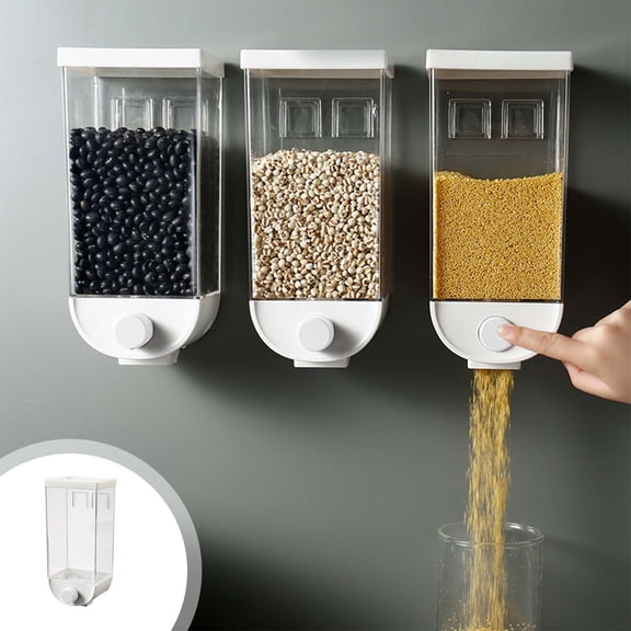 Kitchen Wall Mounted Cereal Dispenser Airtight Dry Food Storage Container for Oats Rice Grain Snacks Pasta Coffee Tea Food - Press Dispense Clear Plastic Tank with Wide Flip Lid, 1 Pack