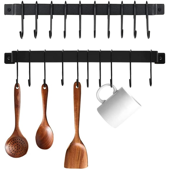 Kitchen Wall Mounted Hanging Utensil Holder Rack with 10 S Hooks for Hanging Kitchen Utensils Set & Cookware, 16 inch, 2Pcs