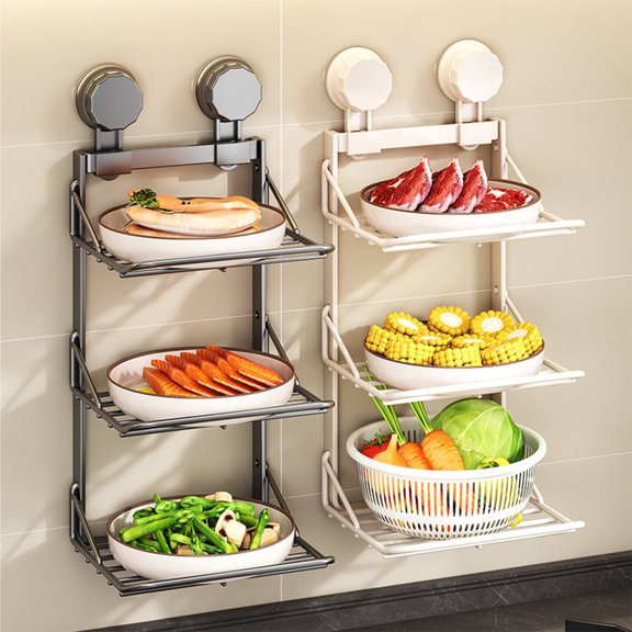 Kitchen Wall Mounted Storage Rack | Multi-Layer Suction Cup Shelf Organizer | Stainless Carbon Steel | Black or White | Tool-Free Install | 43x18x16.2cm | 1 Piece | Durable Kitchen Utensil Holder