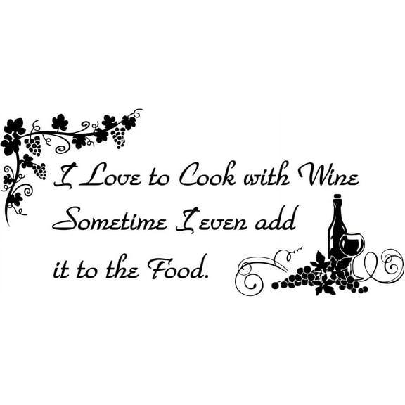 Kitchen Wall Sticker I Love to Cook with Wine Interesting Quotes Wall Decals Grapevine Wine Bottle Wall Art