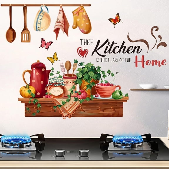 Kitchen Wall Stickers, Removable Vinyl Decals with Kitchenware and Butterfly Patterns, Waterproof and Easy to Apply, for Kitchen, Dining Room, Restaurant and Bar Decor