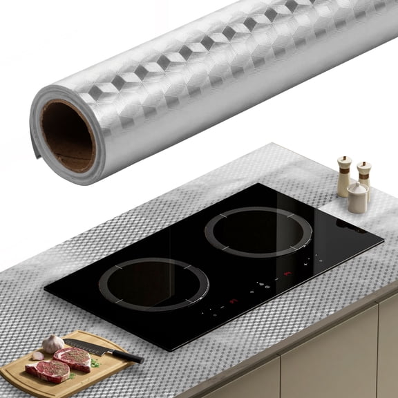 Kitchen Wallpaper Oil Proof Sticker Backsplash Aluminum Foil Self Adhesive Aluminum Foil Contact Paper, Backsplash Wall Sticker Roll for Shelf Liner Drawer Counter Top Refrigerator (15.7in x 9.8ft)