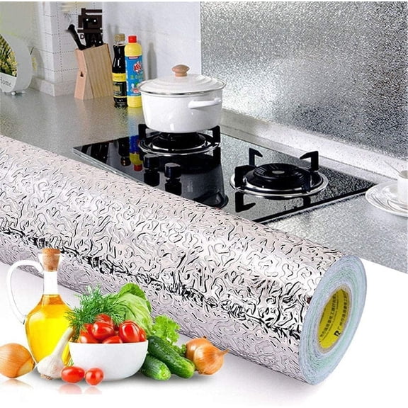 Kitchen Wallpaper Oil Proof Sticker Backsplash Aluminum Foil Self-Adhesive Paper Silver Cabinet Liner Shelf Liner Waterproof and Heat Resistant Peel and Stick Backsplash(15.7X118 Inches)