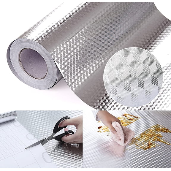 Kitchen Wallpaper Oil Proof Sticker Backsplash Aluminum foil Oil self-Adhesive Paper Silver Cabinet Liner Waterproof and Heat Resistant Peel and Stick backsplash, 15.7X118.1 Inches