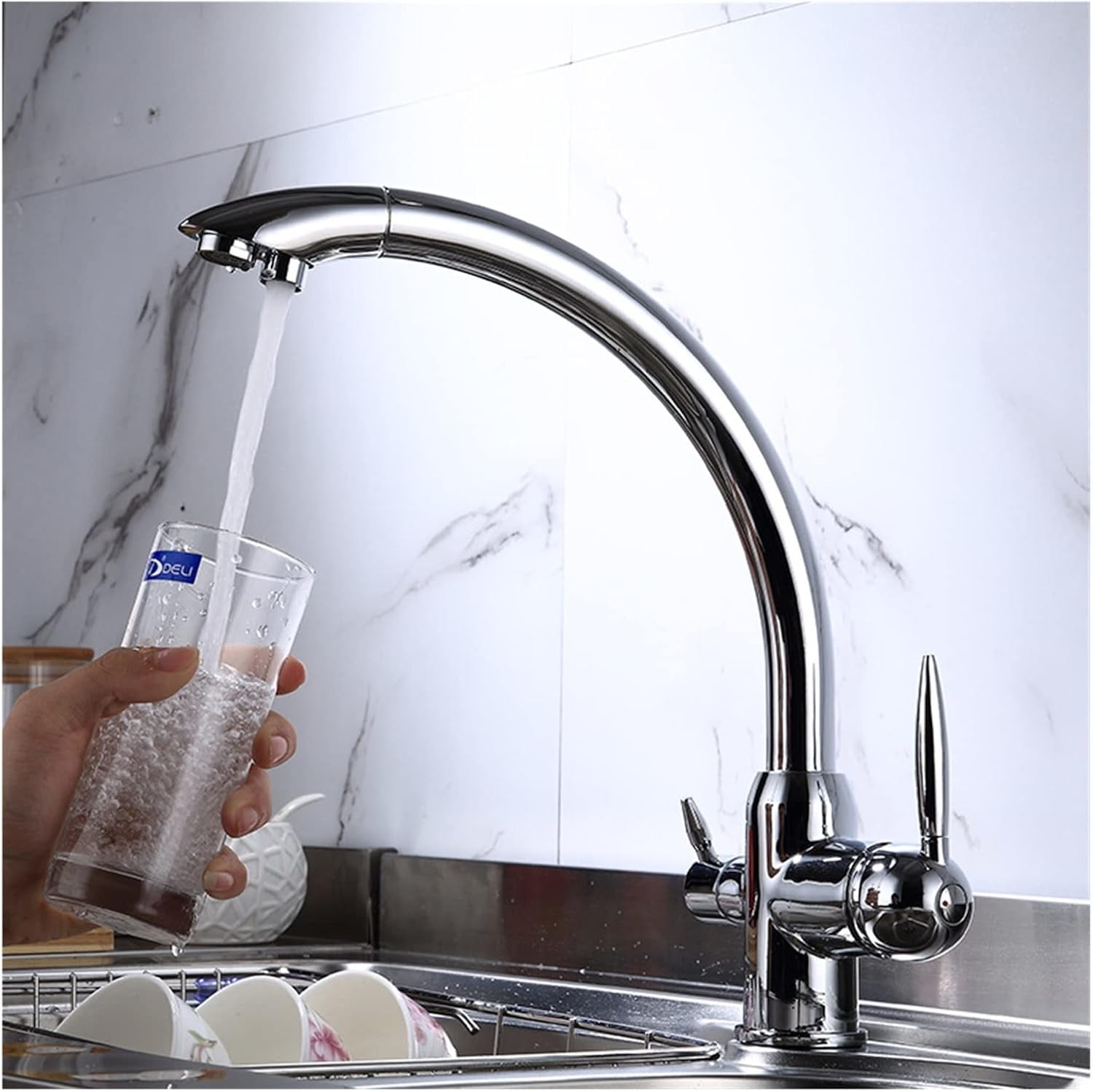 Kitchen Water Filter Faucet Kitchen Faucets Dual Spout Filter Faucet Mixer 360 Degree Rotation Water Purification Feature Taps