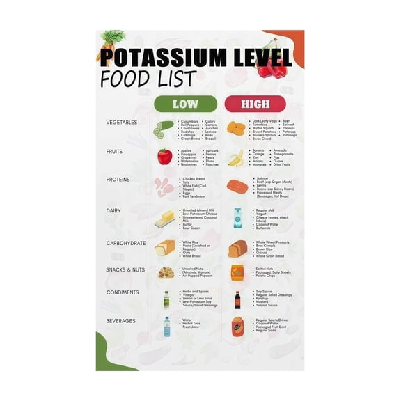 Kitchen Wellness Office Decor Low Potassium Foods Chart Kidney Friendly Nutrition Guide Healthy Eating Reference Educational Wall Art