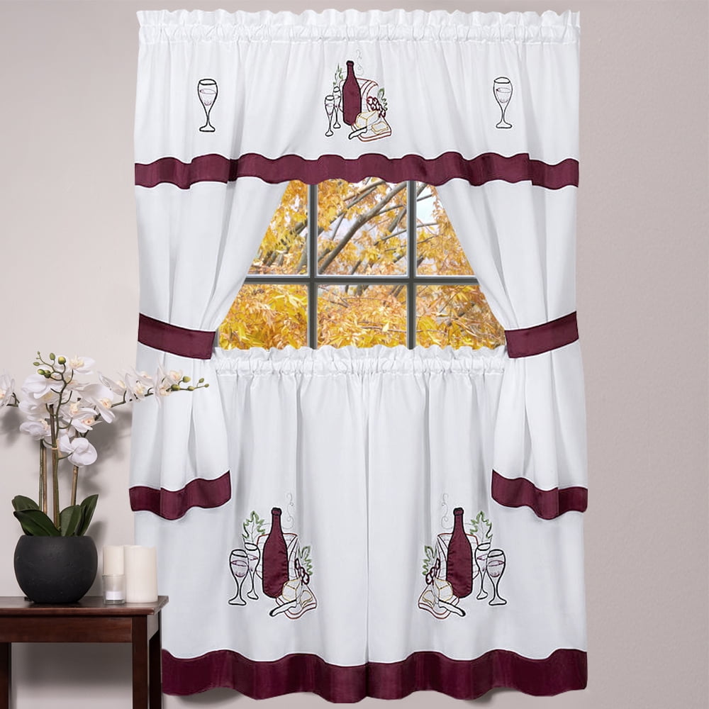 White and Burgundy Embroidered Polyester Tier Curtain Set