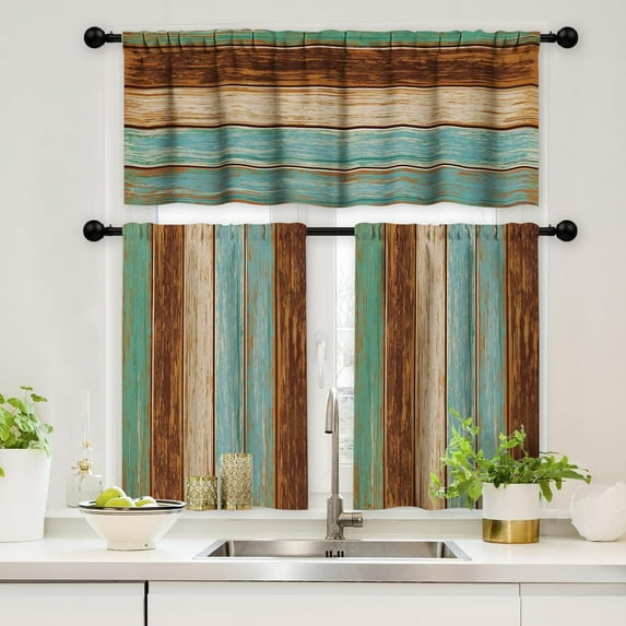 Kitchen Window Curtains 3 Piece Set, 36 Inch Short Kitchen Curtains, Farmhouse Kitchen Curtains Vintage Retro Valance Curtains for Kitchen Cafe Living Room Window Decor, Wood