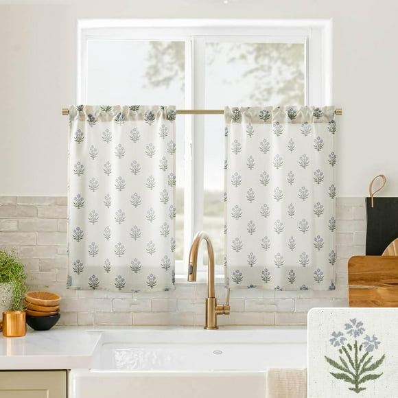 Kitchen Window Curtains Over Sink,Small Floral Farmhouse Cafe Curtains 24 Inch Length Sets for Windows