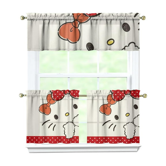 Kitchen Window Curtains with Rod Pocket Over Sink Hello Kawaii Cat Cute Small Window Treatment Cafe Short Curtains for Bathroom Tier Drapes,3 Piece Set,24 Inch