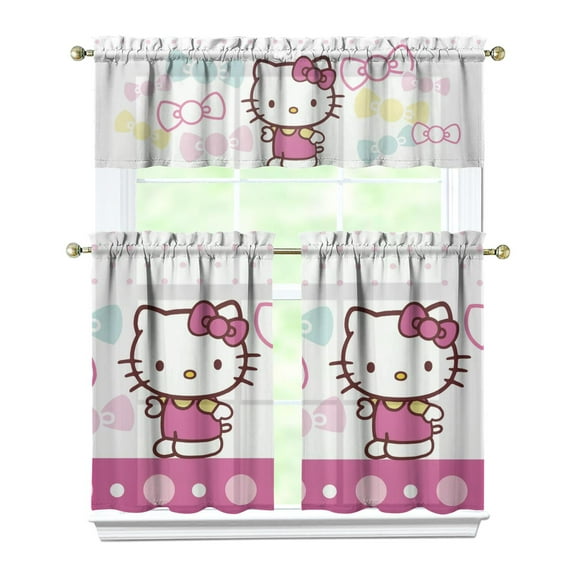 Kitchen Window Curtains with Rod Pocket Over Sink Hello Kawaii Cat Cute Small Window Treatment Cafe Short Curtains for Bathroom Tier Drapes,3 Piece Set,36 Inch