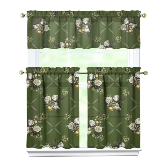 Kitchen Window Curtains over Sink Pioneer Green Classical Floral 36 Inch 3 Pieces Set Small Window Cafe Curtains for Home Decor Rod Pocket Tier Drapes