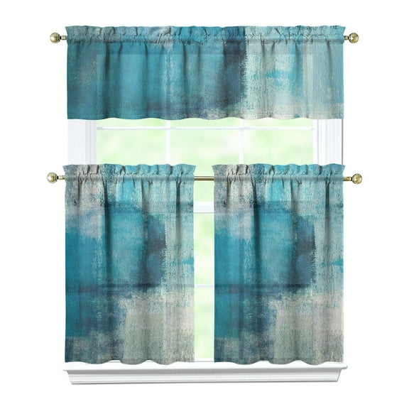 Kitchen Window Curtains over Sink Turquoise and Grey Abstract Art Painting 36 Inch 3 Pieces Set Small Window Cafe Curtains for Home Decor Rod Pocket Tier Drapes