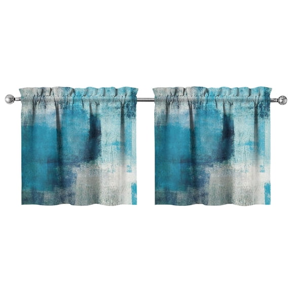 Kitchen Window Curtains over Sink Turquoise and Grey Abstract Art Painting Small Window Treatment White Cafe Short Curtains for Bathroom Tier Drapes 27.5x24inch