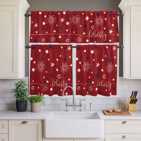 Kitchen Window Curtains Valance and Tier Set, 4th of July White Blue Star on Red Rod Pocket Tier Curtains and Valance 3 Piece Set, Patriotic Liberty Concept Window Treatment for Bedroom Living Room