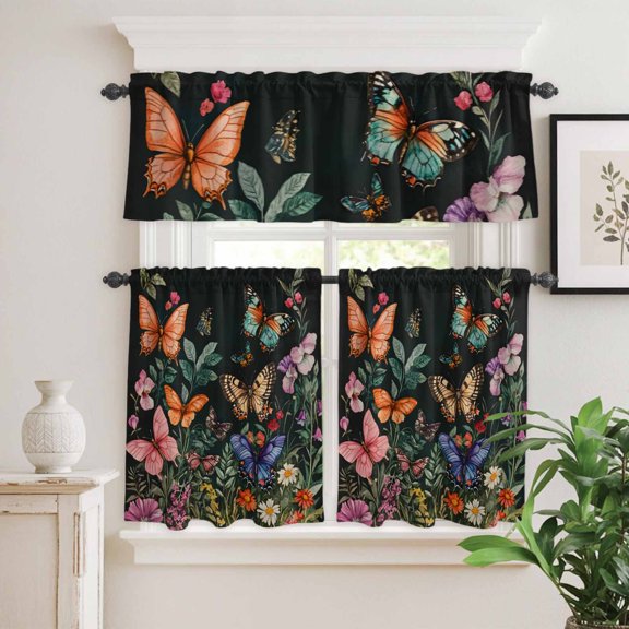 Kitchen Window Curtains Valance and Tier Set, Abstract Country Butterflies Flowers Rod Pocket Tier Curtain Valance Set, Watercolor Floral Light Filtering Cafe Curtains for Bedroom Living Room