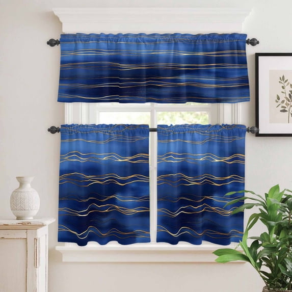 Kitchen Window Curtains Valance and Tier Set, Abstract Deep Blue Sea Golden Line Rod Pocket Tier Curtain Valance Set, Modern Marble Texture Light Filtering Cafe Curtains for Bedroom Living Room