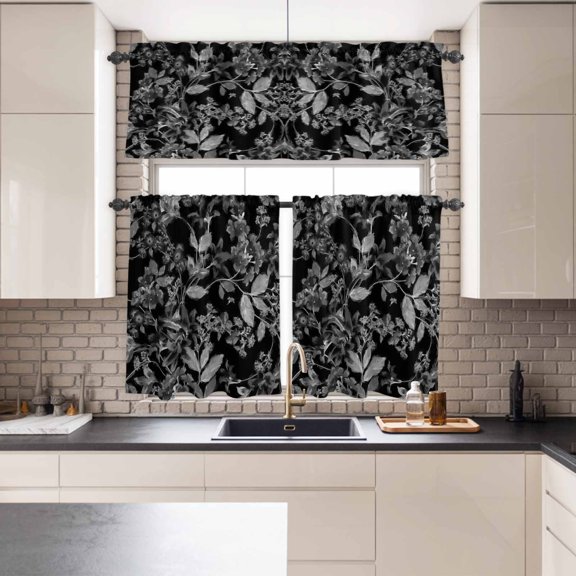 Kitchen Window Curtains Valance and Tier Set, Abstract Flower Leaves on Black Rod Pocket Tier Curtains and Valance 3 Piece Set, Botanical Monochrome Texture Window Treatment for Bedroom Living Room