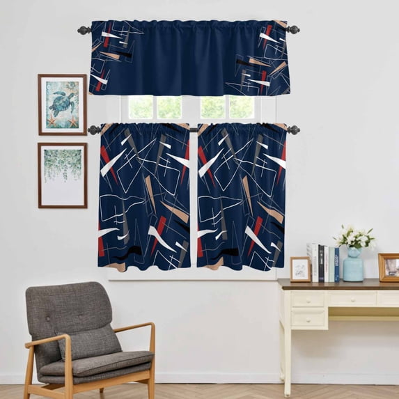 Kitchen Window Curtains Valance and Tier Set, Abstract Geometric on Navy Blue Rod Pocket Tier Curtain Valance Set, Color Block Minimalist Style Light Filtering Cafe Curtains for Bedroom Living Room