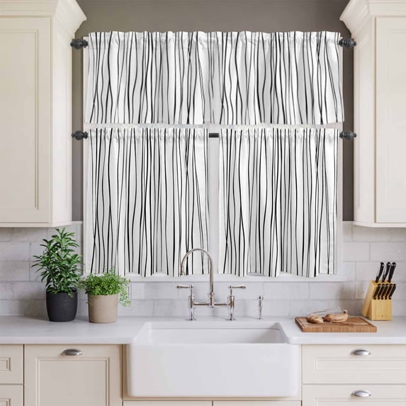 Kitchen Window Curtains Valance and Tier Set, Abstract Lines Texture Rod Pocket Tier Curtains and Valance 3 Piece Set, Modern Black Stripes Light Filtering Window Treatment for Bedroom Living Room