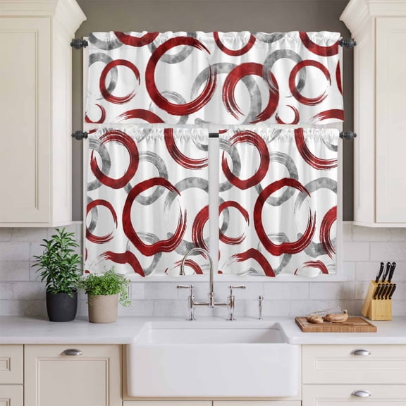 Kitchen Window Curtains Valance and Tier Set, Abstract Red Gray Circle Rod Pocket Tier Curtains and Valance 3 Piece Set, Retro Geometric Texture Window Treatment for Bedroom Living Room