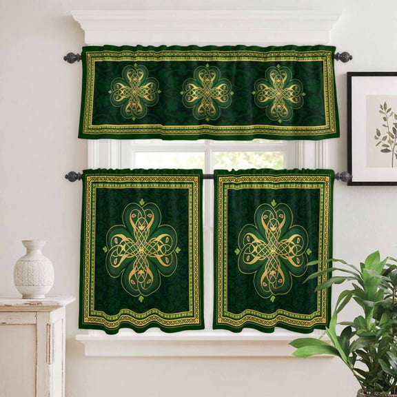 Kitchen Window Curtains Valance and Tier Set, Abstract Shamrock Celtic Knot Rod Pocket Tier Curtain Valance Set, St. Patrick's Day Green Theme Light Filtering Cafe Curtains for Bedroom Living Room