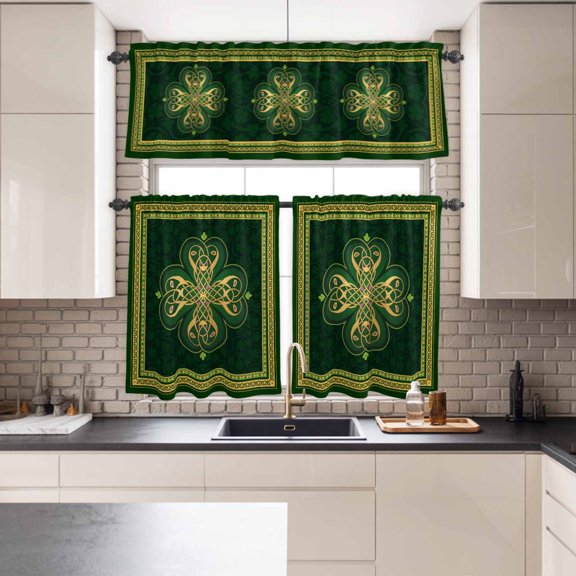 Kitchen Window Curtains Valance and Tier Set, Abstract Shamrock Celtic Knot Rod Pocket Tier Curtains and Valance 3 Piece Set, St. Patrick's Day Green Theme Window Treatment for Bedroom Living Room