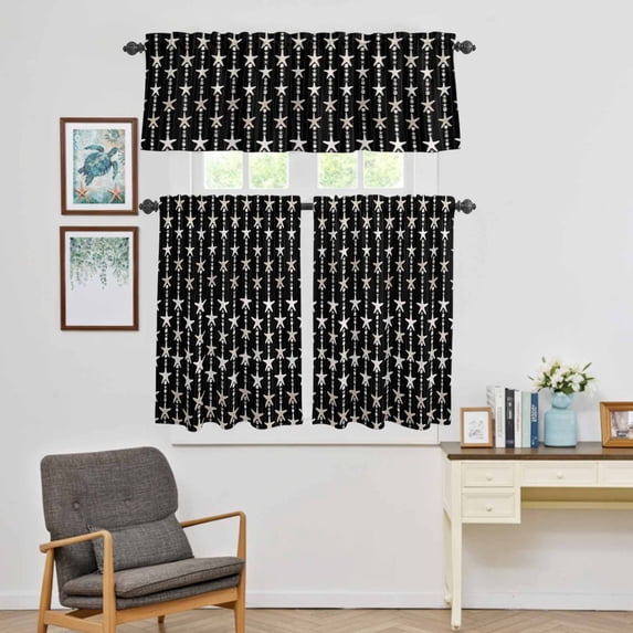 Kitchen Window Curtains Valance and Tier Set, Abstract Star Line Rod Pocket Tier Curtain Valance Set, Pentagram on Black Background Light Filtering Cafe Curtains for Bedroom Living Room